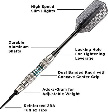 Viper by GLD Products Bobcat Adjustable Weight Soft Tip Darts with Storage/Travel Case - size: 16 Grams (Adjustable to 18 and 19 Grams), style: Nickel Silver Plated with Light Blue Rings