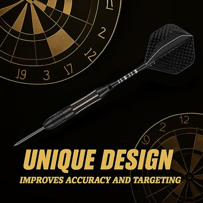 Steel Tip Darts Set for Dartboard, Professional Brass Darts Metal Tip Black Purple Aluminium Nylon Shafts 9 Flights 50 Rubber O-Rings 12 Spring Rings 1 Dart Sharpener Tool 24/27 Grams - color: 26 grams---Black