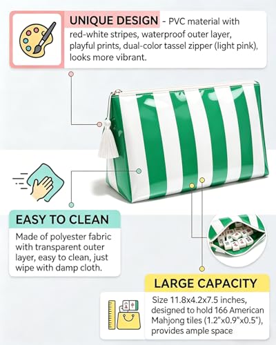 Striped Makeup Bag with Tassel Zipper, Large Waterproof Cosmetic Travel Pouch forWomen, Preppy Aesthetic Toiletry Bag Travel Essentials for Girls, Beach Bag Essentials Organizer Gift(Green White) - color: Green White