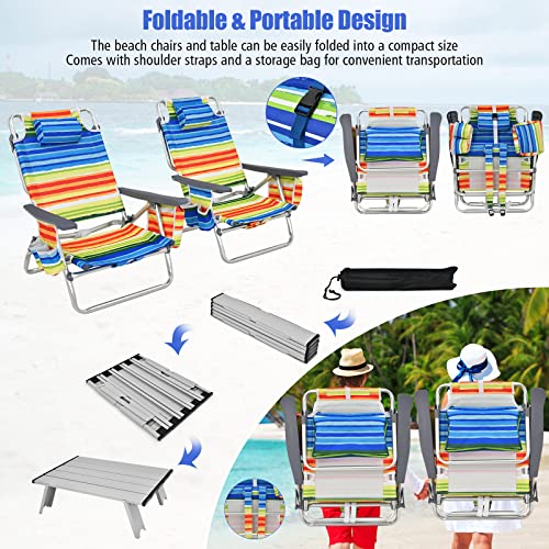 Tangkula Backpack Beach Chair with Table, 5-Position Lay Flat Beach Chairs with Cooler Bag, 2 Cup Holders, Towel Bar, Lightweight Low Folding Beach Chair with Backpack Straps - color: Yellow, style: 2 Pack with Table