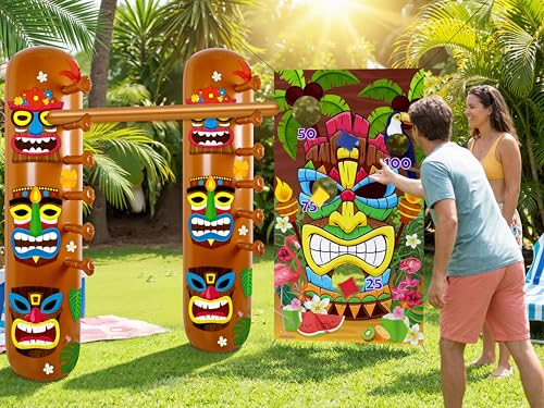 2 Sets Hawaiian Luau Party Decorations – Summer Tiki Theme Inflatable Limbo with Toss Game Set for Adults, Pool Party, Tropical Beach Birthday Accessories