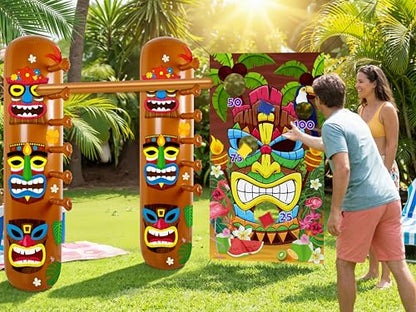 2 Sets Hawaiian Luau Party Decorations – Summer Tiki Theme Inflatable Limbo with Toss Game Set for Adults, Pool Party, Tropical Beach Birthday Accessories