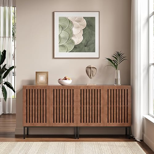 BVIUNTWO Modern Storage Cabinet with Slatted Doors,Sideboard Buffet Cabinet with Adjustable Shelf and Metal Legs for Kitchen,Dining Room,Living Room,63 Inch,Brown - size: 63 Inch