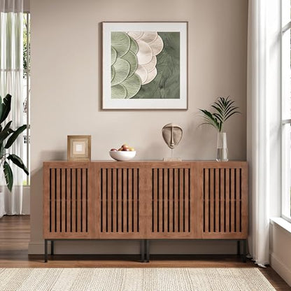 BVIUNTWO Modern Storage Cabinet with Slatted Doors,Sideboard Buffet Cabinet with Adjustable Shelf and Metal Legs for Kitchen,Dining Room,Living Room,63 Inch,Brown - size: 63 Inch