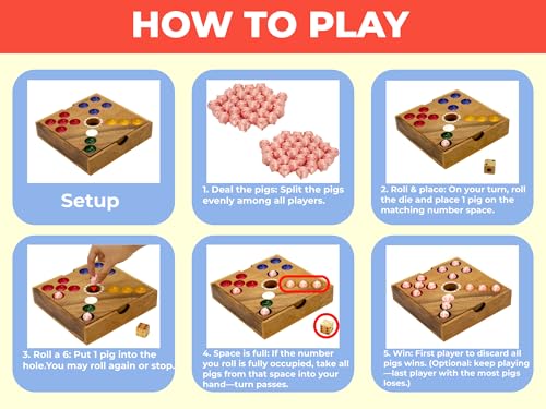 Row & Round Wooden Pig Hole Boardgame – Classic Wood Game for Party Gathering Tabletop Dice Games with Solid Board with PLA Satin 60 Piggies for Table or Outdoor & Indoor 7.28x7.28x1.57 Inch