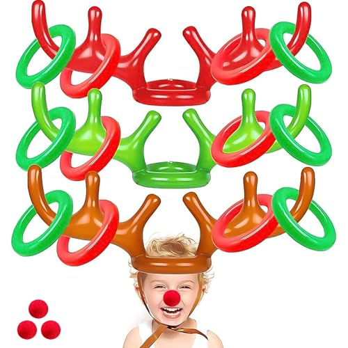 18 Pcs 3 Set Inflatable Reindeer Antler Ring Toss Christmas Party Games Kids Family Toys Stock Stuffer Christmas Activities Decorations Carnival Supplies Gifts Grandkids- 3 Antlers 12 Rings 3 Red Nose