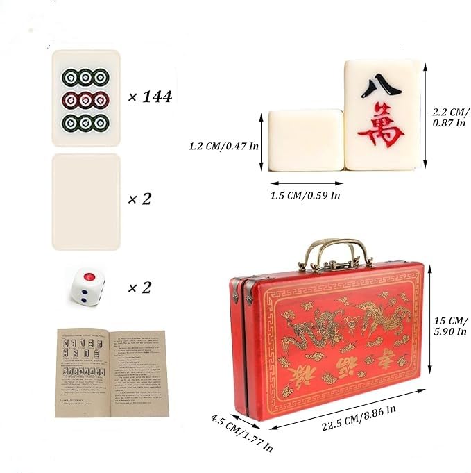 Chinese Mahjong Set | 146PCS Mini Tiles，0.87" x 0.59" x 0.47" Tiles, 2PCS Dot Dice, 6.7" Wooden Carry Case, For Travel, Family Gathering, Party