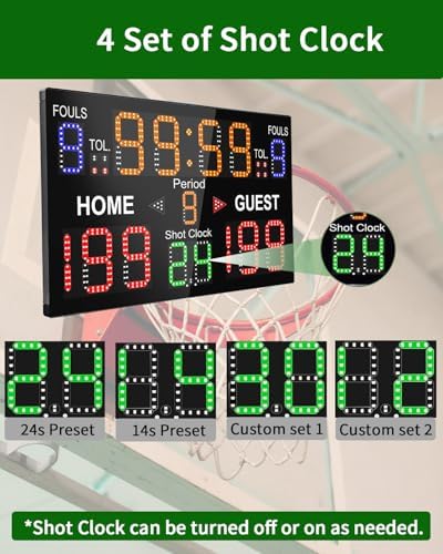 LUCKY TIME Basketball Scoreboard with Shot Clock, 12/14/24/30/25/60 Seconds, Upgraded Thickening Digital Scoreboard with Remote, Battery Powered Electronic Scoreboard for Indoor Outdoor - style: Single-Sided (Remote Control)