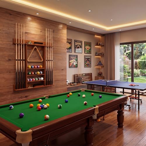 Goplus Pool Cue Rack, Wall Mounted Billiard Stick Holder, Made of Solid Pine Wood, Holds 8 Cues & Full Ball Set & 1 Ball Rack, Compact Billiards Accessories for Club, Bar (Brown)