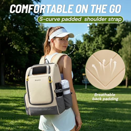 Bosynoy Disc Golf Bag with Clear Phone Holder, 20+ Discs Disc Golf Backpack with Insulated Pocket, Cute Beige Sports Backpack for Women Men Beginners