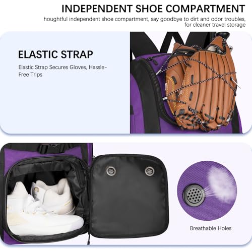 Goloni Baseball Bag, 60L Capacity Softball bag Holds 4 Bats for Youth & Adult, Baseball Bat Backpack with Shoes Compartment,Helmet Holder,Fence for Hook T-Ball, Softball Equipment, Baseball Gear - color: Purple