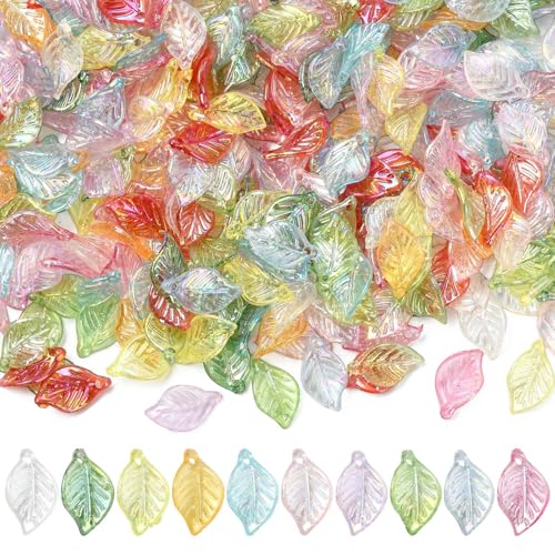 Stiesy 400Pcs Leaf Charms Transparent Iridescent Acrylic Leaves Dangle Charms Pendants Bulk for Necklace Bracelet Earring Jewelry Making Supplies DIY Craft Mixed Color - color: Iridescent Leaf-400pcs