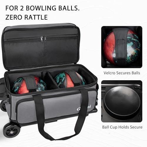Goloni Double Roller 2 Ball Bowling Bag with Separate Shoe Compartment,2 Ball Bowling Bag with Wheels,Retractable Handle Extends to 40" - color: Grey