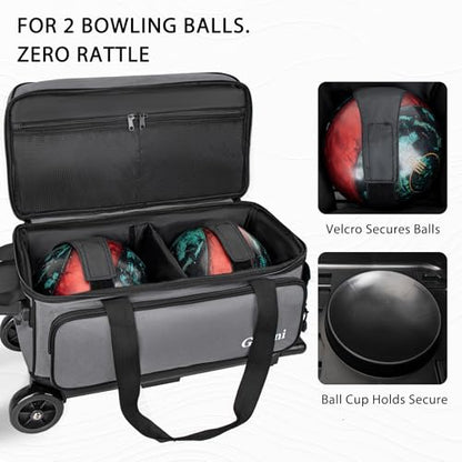 Goloni Double Roller 2 Ball Bowling Bag with Separate Shoe Compartment,2 Ball Bowling Bag with Wheels,Retractable Handle Extends to 40" - color: Grey