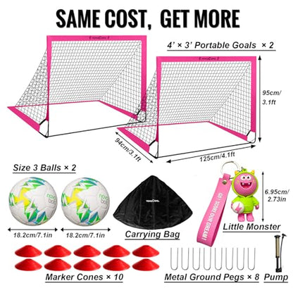 VavaCava 4'x3' Pink Soccer Goal Set, 2 Goals, 2 Balls, Keychain, 10 Cones, Pump, Carry Bag, Portable PopUp Soccer net for Backyard, SGS Certificate