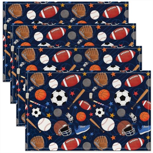 Ball Sport Game Kids Placemats Set of 4,Soccer American Football Baseball Basketball Table Place Mats,Rugby Helmet Ice Hockey Kitchen Decor,Colorful Placemat Kitchen Table Decoration 12"x18" - color: Colorful