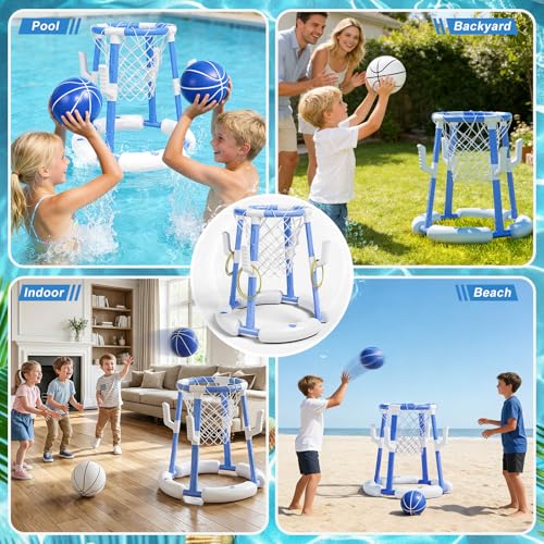Pool Basketball Hoop&Ring Toss Game 2-in-1 Floating Pool Toy with 4 Balls 8 Rings&Pump,Outdoor Swimming Basketball Party Games Water Play Toy Anti-Tip Stable Base Summer Gift for Kid 4-8 8-12& Adult - size: without backboard