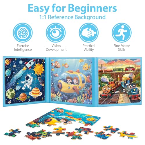 Space Ocean Train Magnetic Puzzles for Toddlers, Ages 3-5, 20-25-30 Pieces, Travel Jigsaw Puzzles, Preschool Learning Toys - style: Space