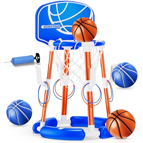 Pool Basketball Hoop with Backboard, Floating Pool Toys for 3-12 Years Old Kids Ring Game with 4 Balls 8 Rings & Pump Outdoor Swimming Pool Basketball Games Water Play Toy Family Party for Kids Adults - style: Blue with Backboard