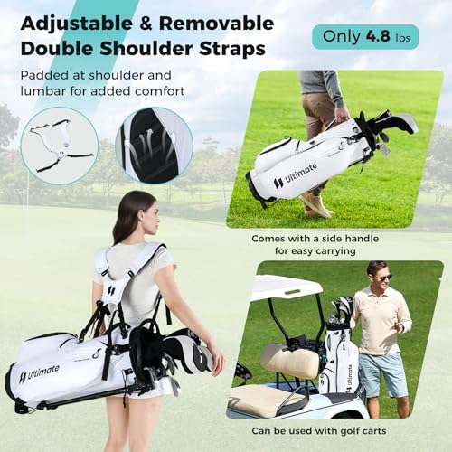 ULTIMATE Golf Stand Bag, 8-Way Golf Bag with 5 Pockets, Rain Hood, Detachable Dual Shoulder Strap, Lumbar Pad, Handles, Portable Golf Club Bag for Men & Women - color: White