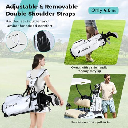 ULTIMATE Golf Stand Bag, 8-Way Golf Bag with 5 Pockets, Rain Hood, Detachable Dual Shoulder Strap, Lumbar Pad, Handles, Portable Golf Club Bag for Men & Women - color: White