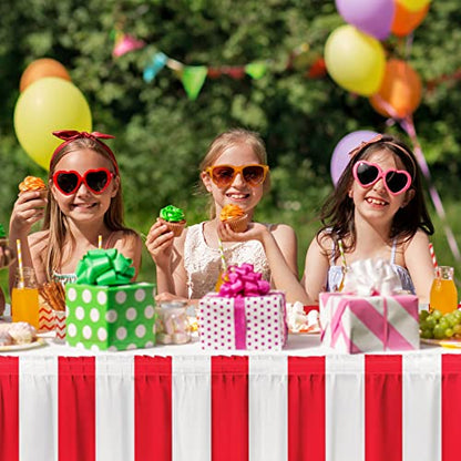 durony 2 Packs Red and White Striped Table Skirt Circus Theme Party Supplies Carnival Table Skirt for Carnival Home Party Decoration, 165 x 30 Inches