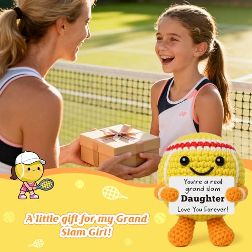 Mini Positive Crochet Tennis Ball Gifts for Women Men - Handmade Crochet Tennis Ball, Motivational Encouragement Christmas White Elephant Gift for Tennis Balls Lover Coworker Friend Coach - style: Daughter