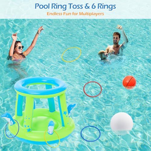 Jasonwell Pool Toys Games Set - 3 in 1 Pool Volleyball Net Basketball Hoop Ring Toss Game Inflatable Floats Water Floating Volleyball Swimming Pools Games Party Gift for Kids Adults (Green&Blue, L) - color: Green&blue, size: Large