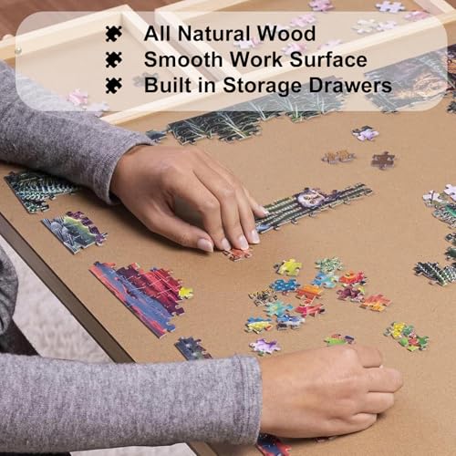 1500 Piece Puzzle Table with Foldable Legs, 34'' W×26'' D×27''H Large Wood Portable Jigsaw Puzzle Board with 4 Drawers, Folding Puzzle Board Game Table for Adults, Nature - size: 34''- Puzzle Table