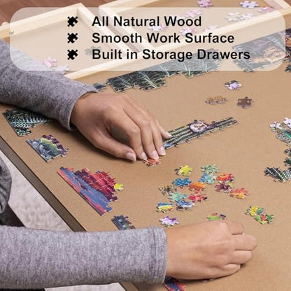 1500 Piece Puzzle Table with Foldable Legs, 34'' W×26'' D×27''H Large Wood Portable Jigsaw Puzzle Board with 4 Drawers, Folding Puzzle Board Game Table for Adults, Nature - size: 34''- Puzzle Table