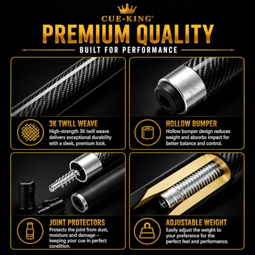 Cue-King Pool Cue Military-Grade Carbon Fibre 58” 18oz 2 Piece with 12.5mm Premium Tip Finished in Gloss Exposed Carbon Fibre, Professional Pool Cue - style: Carbon Cue