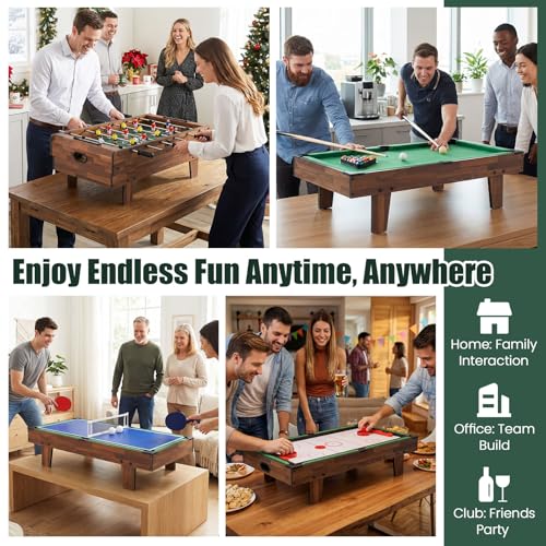 Goplus 4 in 1 Multi Game Table, Combination Game Table Set with Pool Billiards, Air Hockey, Foosball, Table Tennis, Stackable Combo Tabletops for Home, Play Room, Party Family Night - color: Dark Brown