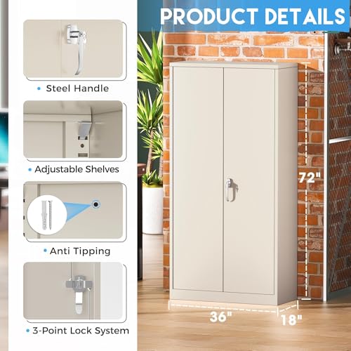 Greenvelly Garage Storage Cabinet,72" Metal Cabinet with 2 Doors and 4 Shelves,Steel File Cabinet for Home Office, Garage, Classroom（Grey 36" X 18"） - color: Grey, style: 72"H-Large