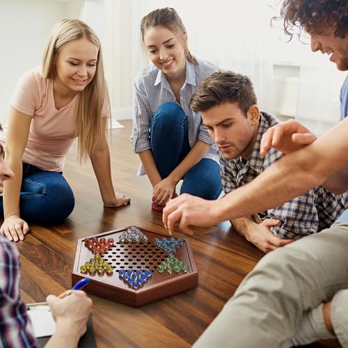 14.2" Wooden Chinese Checkers Board Game with Storage Drawer | 6-Player Marble Strategy Game | Classic Family Board Game for Kids & Adults | 16mm 60+12 Colorful Glass Marbles, More Easy Grasping