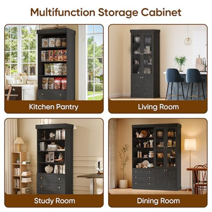 Vyre 71" Tall Farmhouse Bookshelves with Glass Doors and Drawers, Set of 2 – Large Modular Bookcase with Adjustable Shelves, Storage Cabinet for Living Room, Kitchen, Black - color: Black