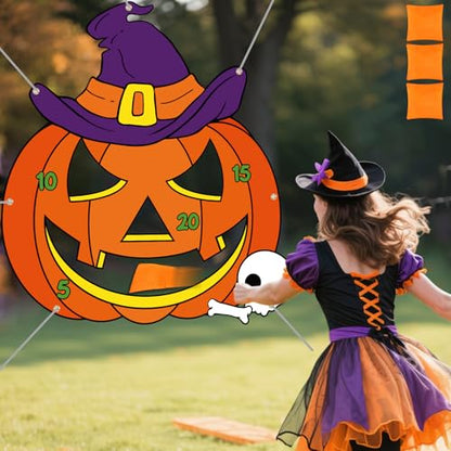 Tiamon Halloween Pumpkin Bean Bag Toss Game Banner with 3 Bean Bags, 47x45 Large Pumpkin Halloween Toss Game, Trick or Treat Party Supplies, Classroom Carnival Fall Festival Activities