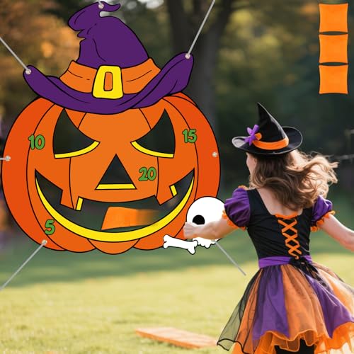 Tiamon Halloween Pumpkin Bean Bag Toss Game Banner with 3 Bean Bags, 47x45 Large Pumpkin Halloween Toss Game, Trick or Treat Party Supplies, Classroom Carnival Fall Festival Activities