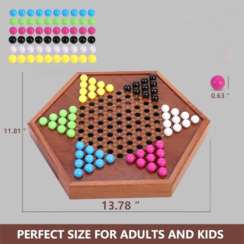 Chinese Checkers 13.7" Large Upgraded Version Wooden Game Board,with 16mm（0.62"） 60+Spare Acrylic Marbles,Classic Strategy Family Board Game.