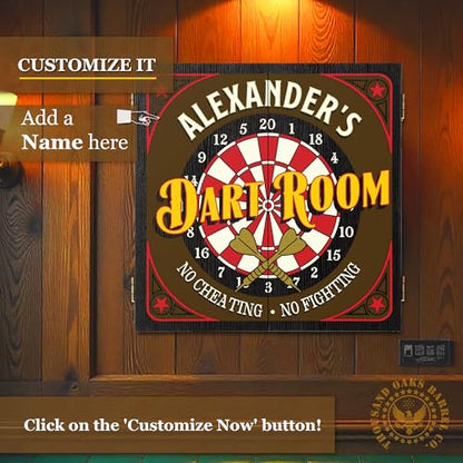 Personalized Dart Board Cabinet Set with 6 Steel Tip Darts, Paper Dartboard, Chalk & Eraser (21.5 x 21.5 x 2.75) - Man Cave Dart Boards for Adults - style: Dart Room