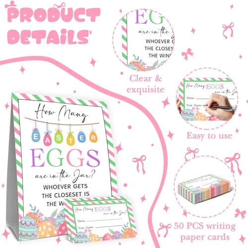 Eggs Easter Party Games for Adults Family Large Groups,Easter Games for Kids, How Many Eggs Are In The Jar,Birthday Party Game & Activities 50 Cards And Sign - size: easter