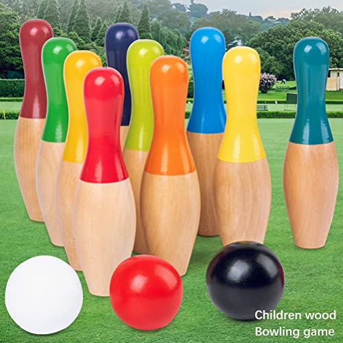 Wooden Bowling Game, Garden Game Set with 10 Pins 3 Balls and Mesh Bag for Adults, Indoor Outdoor Lawn Backyard Activity