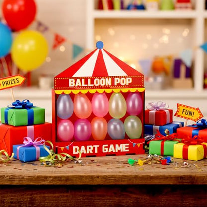 Seenelling Balloon Dart Carnival Game Set Carnival Themed Wooden Box with 500 Balloon 8 Colorful Darts Adhesive Dots for Booth Game Birthday Party Backyard Lawn Event 16.5'' x 12.5'' x 4.5''