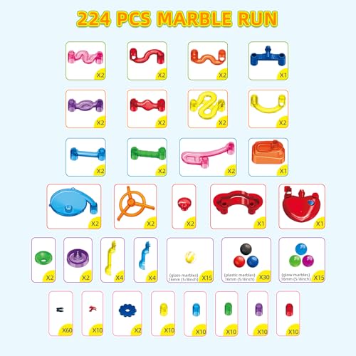 Tucrae 224 PCS Marble Runs Toys with Automatic Elevator Glowing Marble Maze Building Set STEM Puzzle Toys for 3 4 5+ Boys & Girls Children's Day, Christmas Easter Gifts(Containing 60 Marbles)