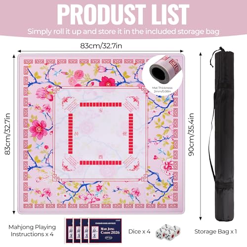 31.5 Inch Mahjong Mat for Table with Dice,2026 Mah jongg Card & Bag,Pink | Non Slip Noise Reduction Waterproof Travel Mahjong Mat for Poker Dominoes Game Night Gift for Women Mom Christma Mother’s Day - color: Pink