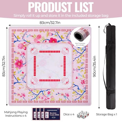 31.5 Inch Mahjong Mat for Table with Dice,2026 Mah jongg Card & Bag,Pink | Non Slip Noise Reduction Waterproof Travel Mahjong Mat for Poker Dominoes Game Night Gift for Women Mom Christma Mother’s Day - color: Pink