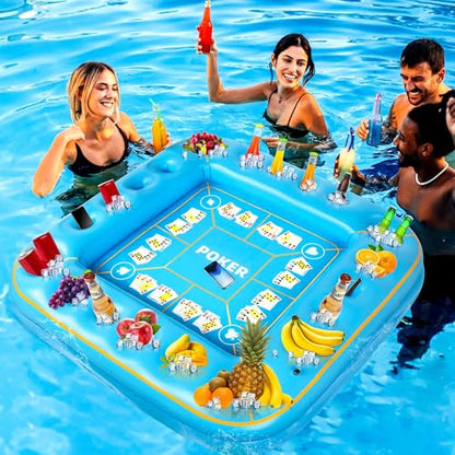 Elcoho 55 x 55 Inch Extra Large Inflatable Game Table with Waterproof Playing Cards Floating Pool Table Drink Holder Inflatable Ice Serving Tray Buffet Bar for Pool Summer Party, Light Blue - color: Light Blue