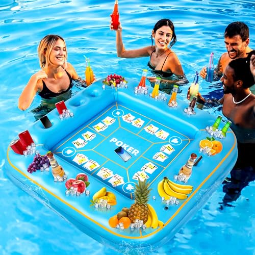 Elcoho 55 x 55 Inch Extra Large Inflatable Game Table with Waterproof Playing Cards Floating Pool Table Drink Holder Inflatable Ice Serving Tray Buffet Bar for Pool Summer Party, Light Blue - color: Light Blue