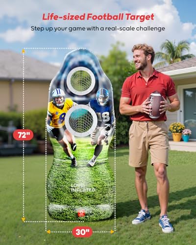 QPAU Life-Size Inflatable Football Target with Dual-Hole & Water-Filled Base - Includes 4 Balls, 2 Pumps & Dry Erase Scoreboard - Heavy Duty Outdoor Backyard Sports Toss Games for Kids, Teens & Adults