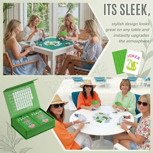 Soulchen 168 Pcs Mahjong Playing Cards American Style Blossom Numbered Large Print PVC Poker Mahjong Tiles with 4 Dices 2 Storage Box for Travel Home, Portable Gift(Houseplant Theme,Green) - color: Green, style: Houseplant