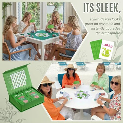Soulchen 168 Pcs Mahjong Playing Cards American Style Blossom Numbered Large Print PVC Poker Mahjong Tiles with 4 Dices 2 Storage Box for Travel Home, Portable Gift(Houseplant Theme,Green) - color: Green, style: Houseplant